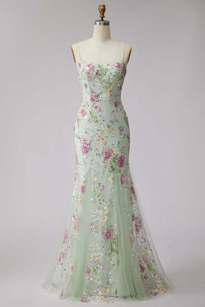 Light Green Floral Sparkly Sequins Mermaid Beaded Long Prom Dress