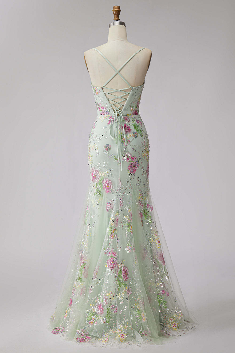 Light Green Floral Sparkly Sequins Mermaid Beaded Long Prom Dress