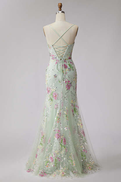 Light Green Floral Sparkly Sequins Mermaid Beaded Long Prom Dress