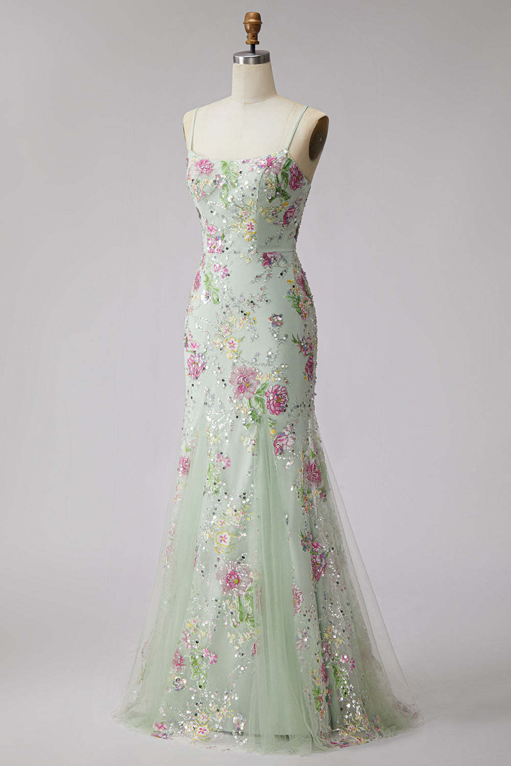 Light Green Floral Sparkly Sequins Mermaid Beaded Long Prom Dress