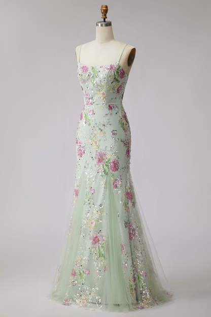 Light Green Floral Sparkly Sequins Mermaid Beaded Long Prom Dress