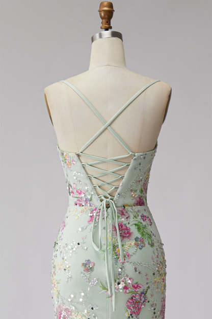 Light Green Floral Sparkly Sequins Mermaid Beaded Long Prom Dress