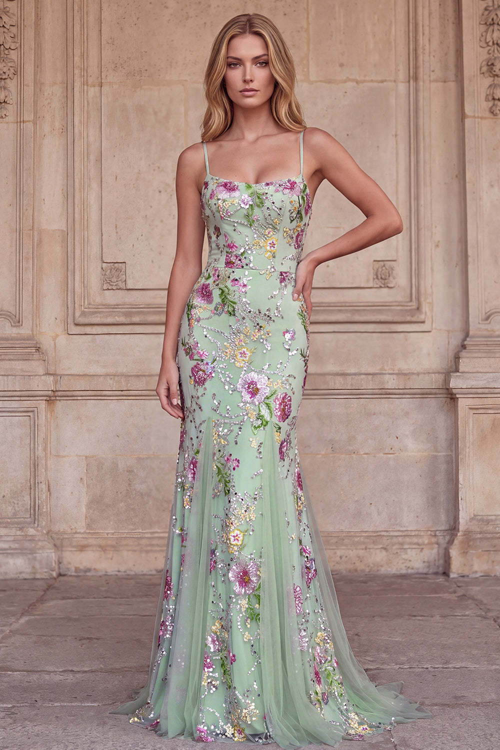 Leely Women Light Green Sparkly Sequins Beaded Long Prom Dress Spaghetti Straps Lace Up Mermaid Prom Dress