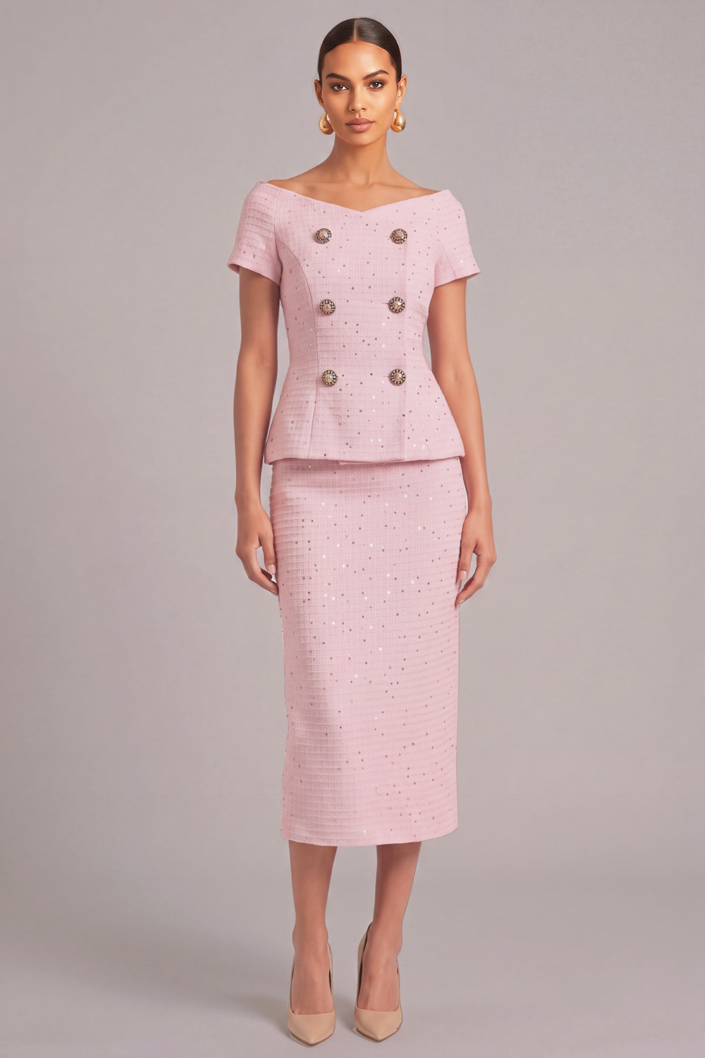 Sparkly Pink 2 Piece V-Neck Sheath Midi Sequins Pageant Interview Dress with Sleeves