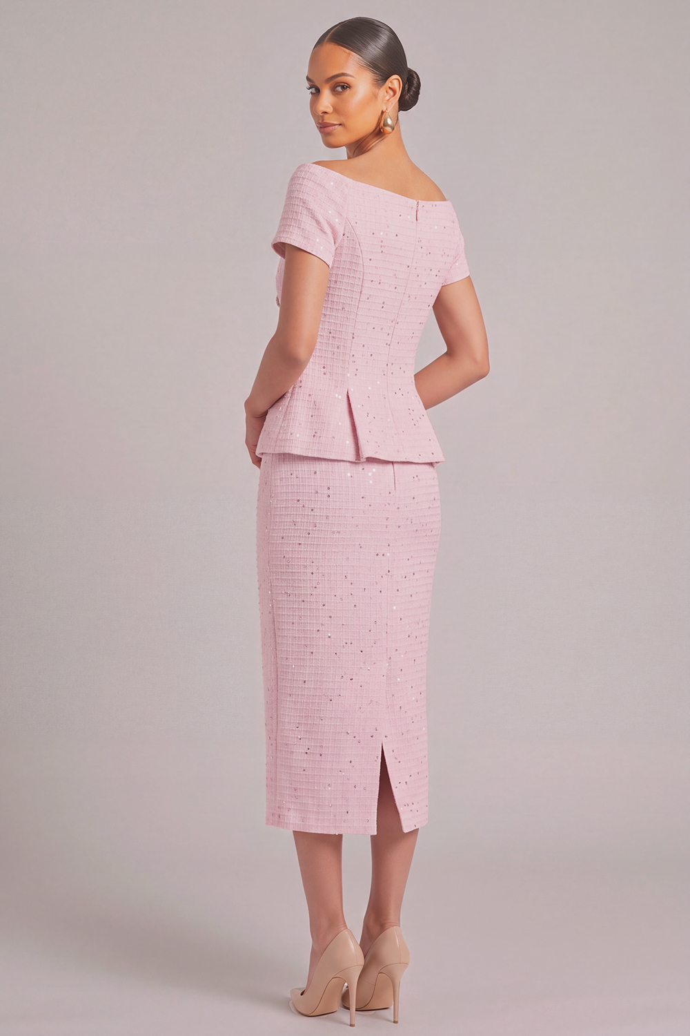 Sparkly Pink 2 Piece V-Neck Sheath Midi Sequins Pageant Interview Dress with Sleeves