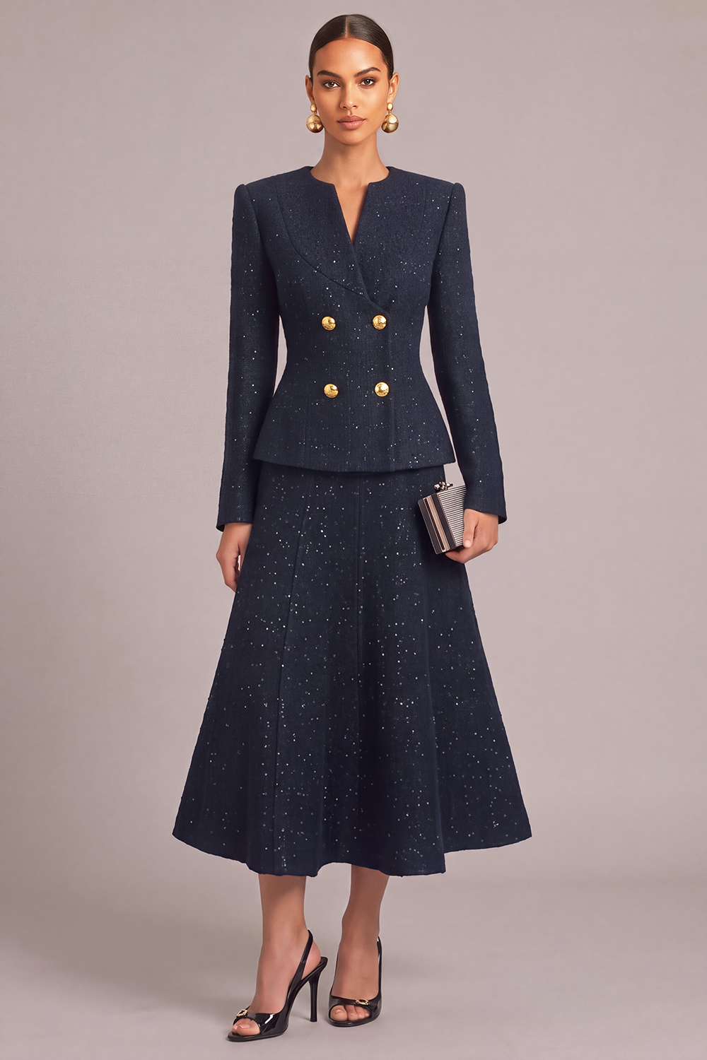 Navy 2 Piece Glitter V-Neck Midi Pageant Interview Dress