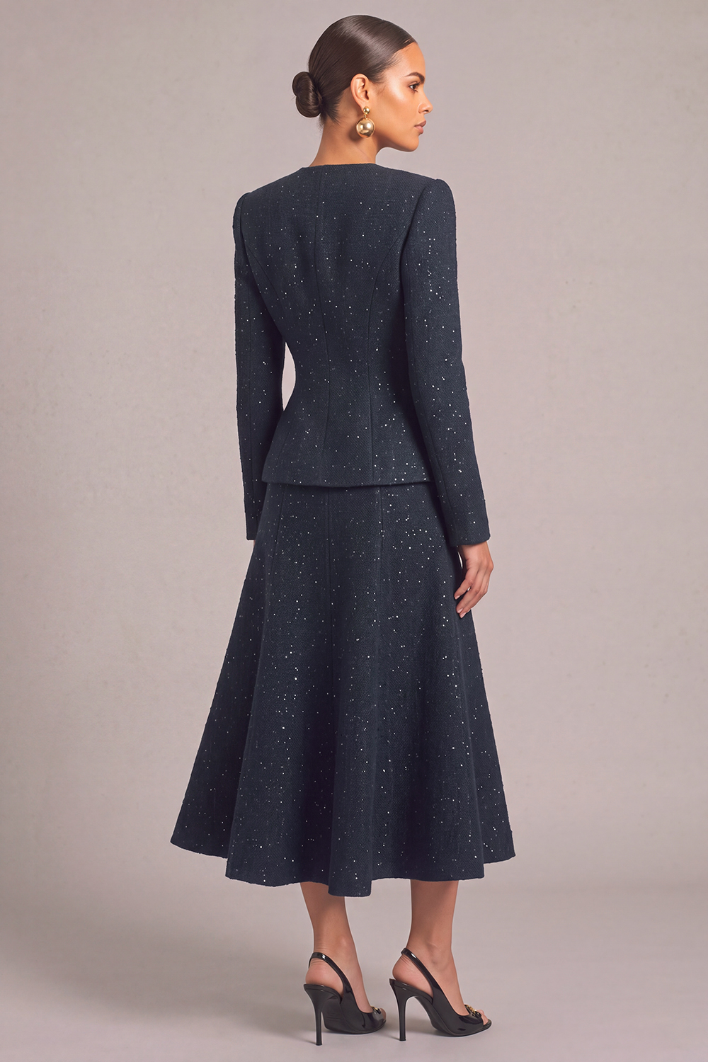 Navy 2 Piece Glitter V-Neck Midi Pageant Interview Dress