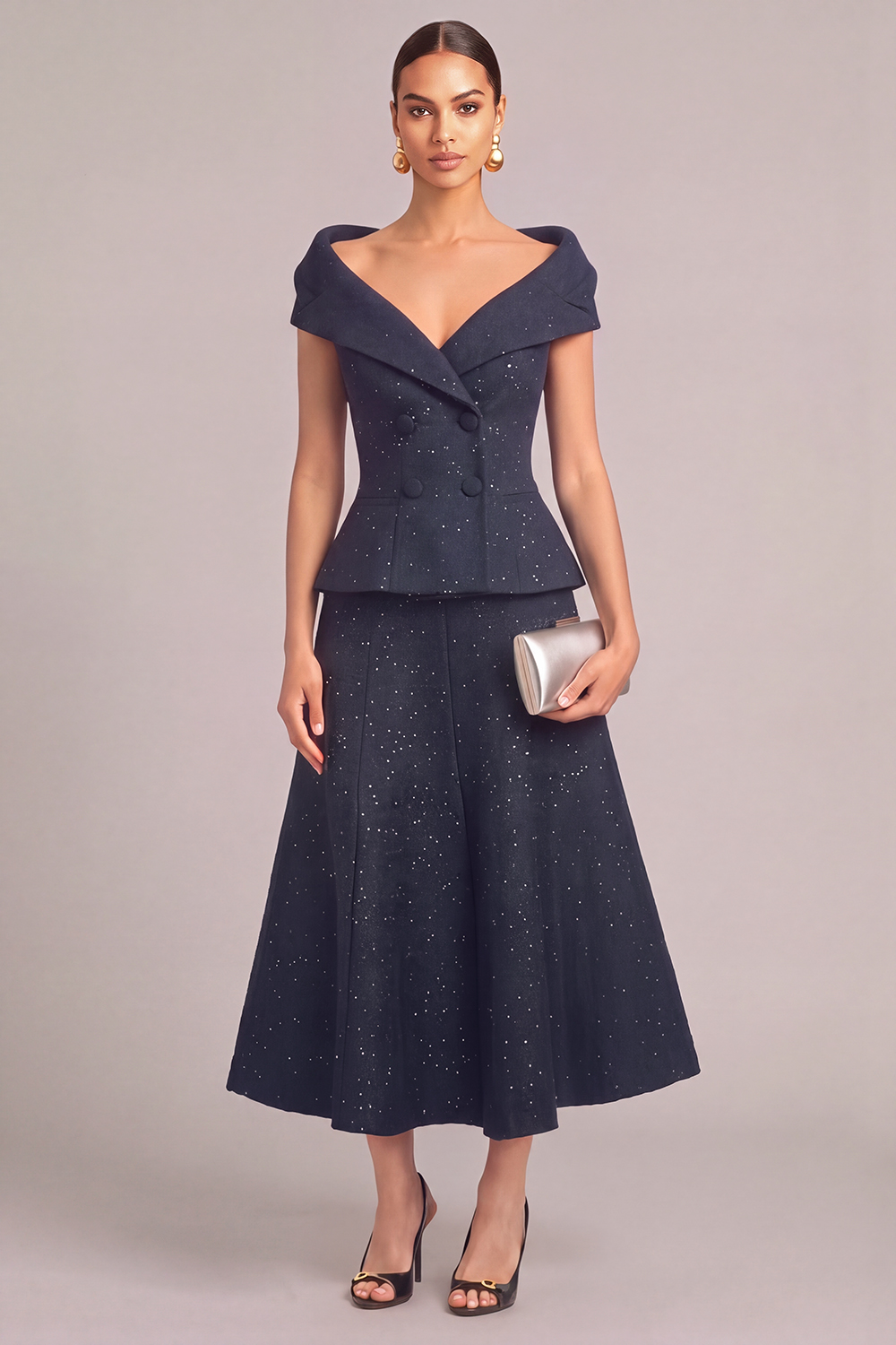 Glitter Navy 2 Piece Cap Sleeves Double Breasted Midi Pageant Interview Dress