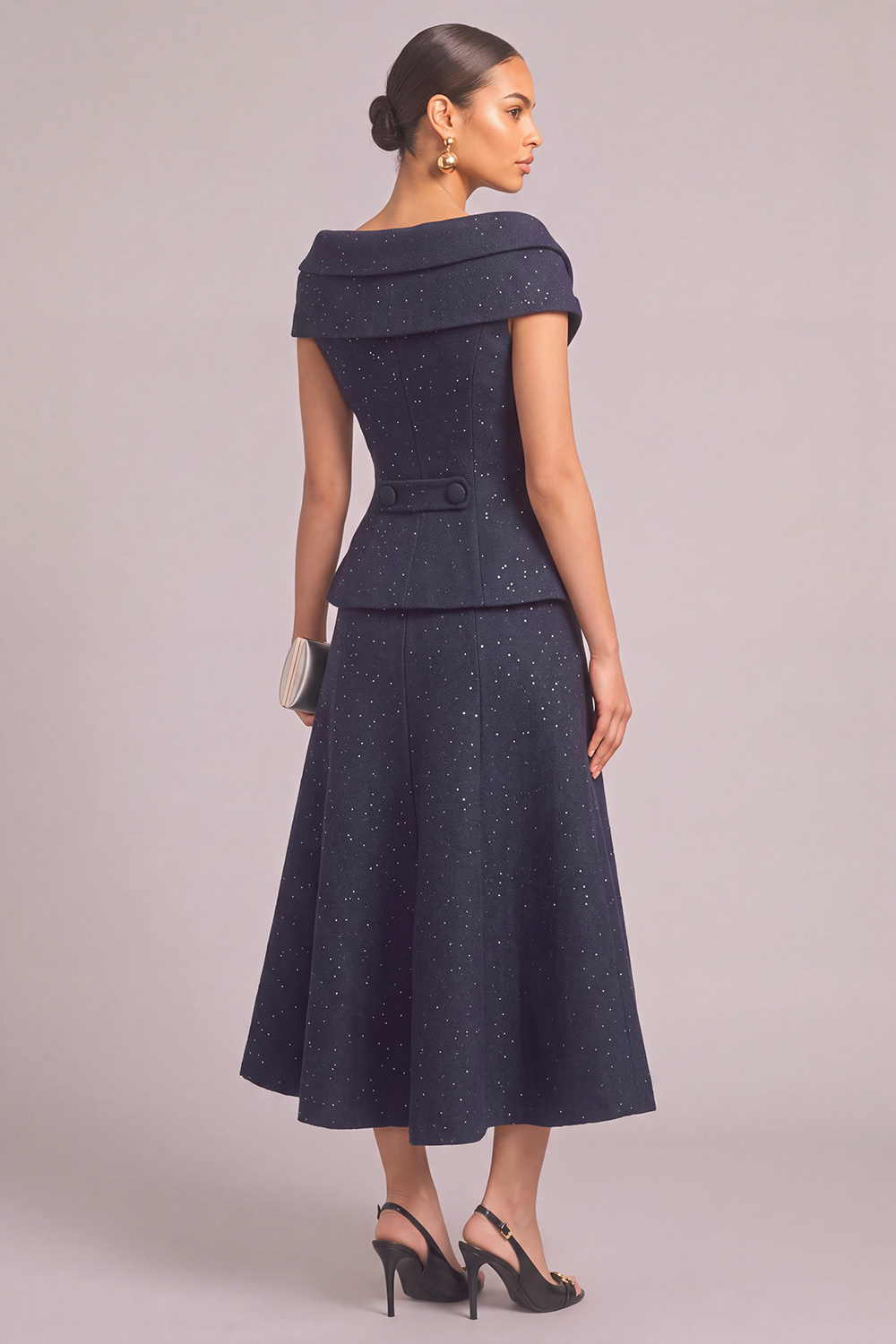 Glitter Navy 2 Piece Cap Sleeves Double Breasted Midi Pageant Interview Dress