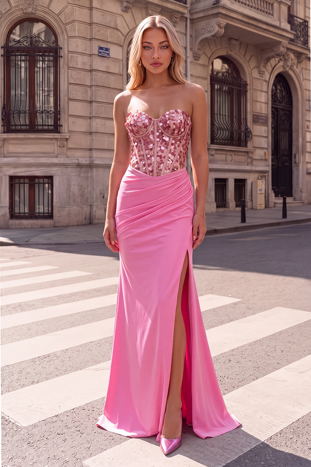 Sparkly Hot Pink Corset Mermaid Sequins Sweetheart Ruched Long Prom Dress with Slit