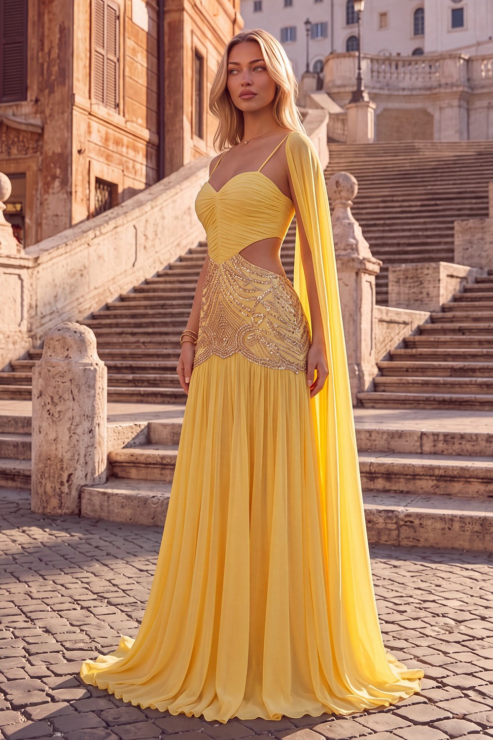 Sparkly Lemon Yellow Beaded Spaghetti Straps Cut Out Long Prom Dress with Cape