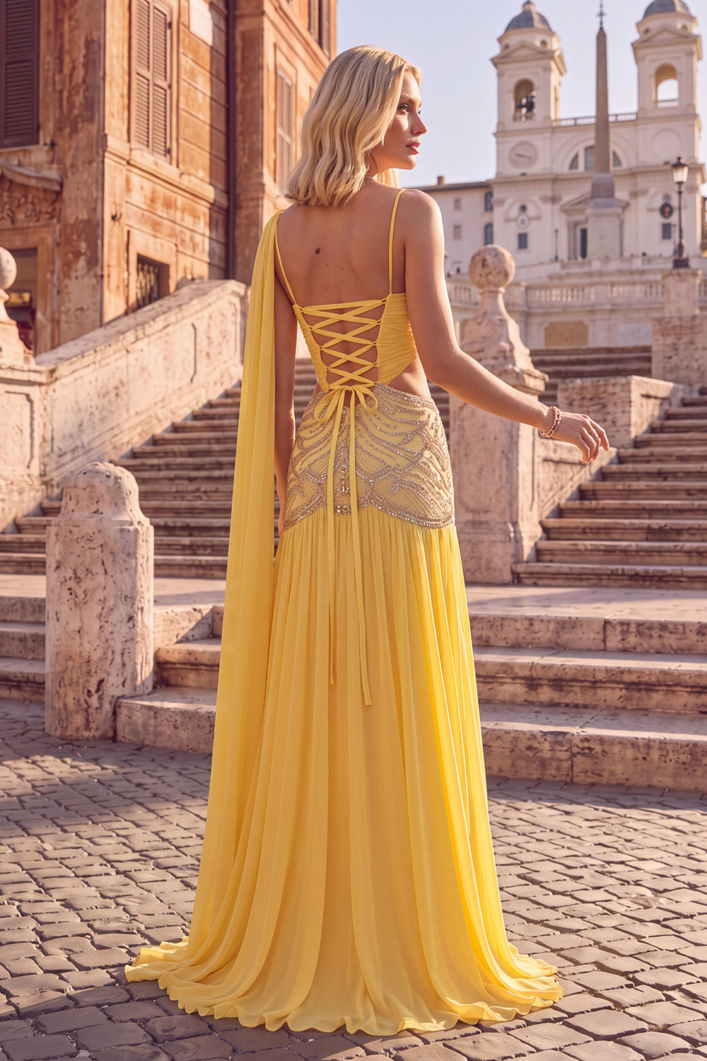 Sparkly Lemon Yellow Beaded Spaghetti Straps Cut Out Long Prom Dress with Cape