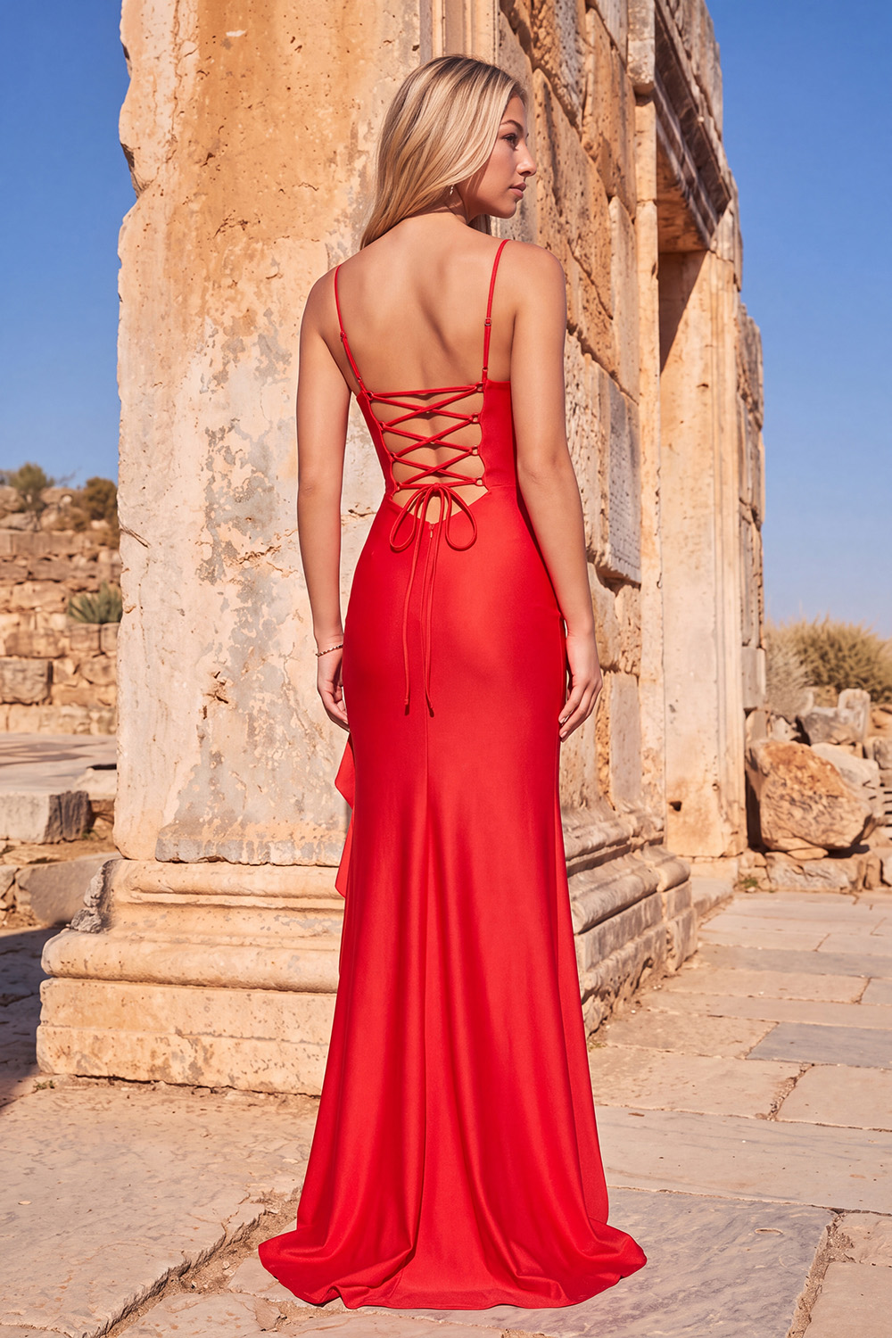Red Mermaid Spaghetti Straps Ruffled Long Corset Prom Dress with 3D Flower