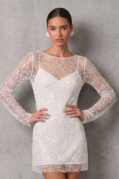 sparkly white graduation dress Leely Women Sequin Short Bodycon Illusion Boat Neck Bachelorette Party Dress brighter-days