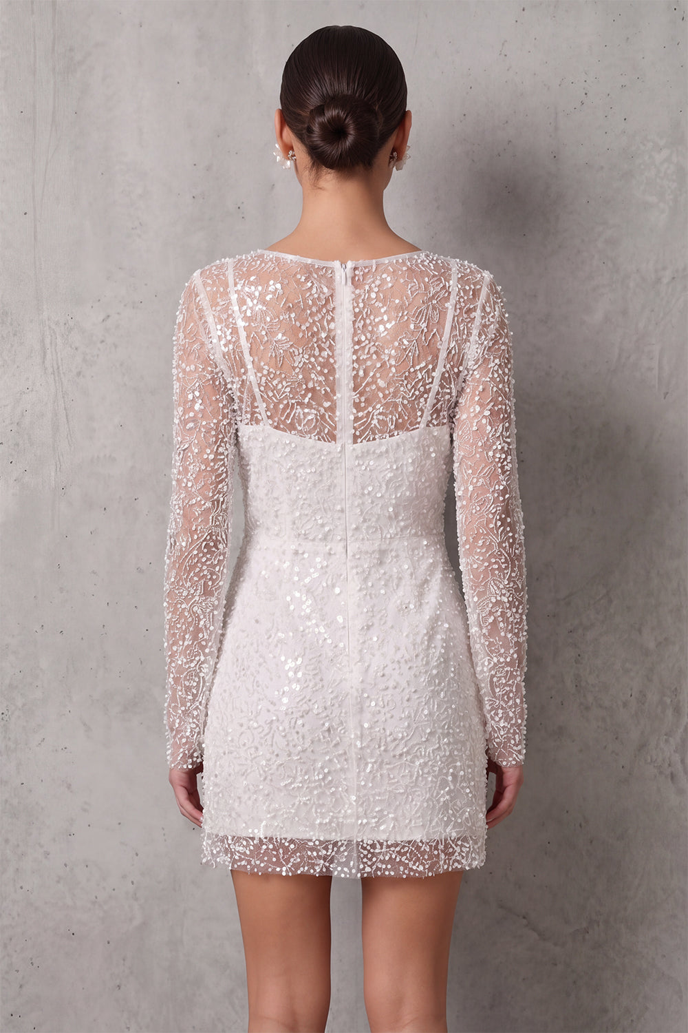 White Sparkly Sequin Bodycon Illusion Boat Neck Short Graduation Dress