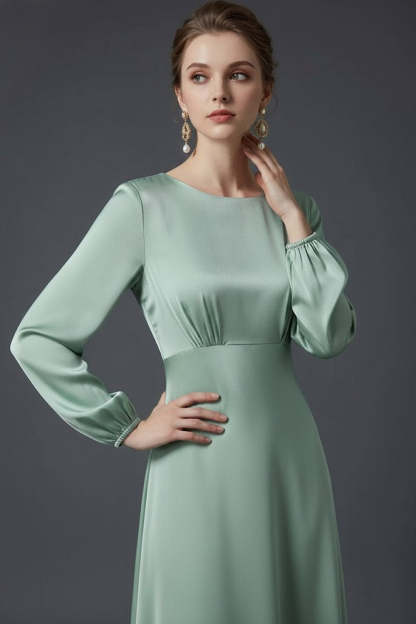 Blue Satin A Line Round Neck Long Wedding Guest Dress with Long Sleeves