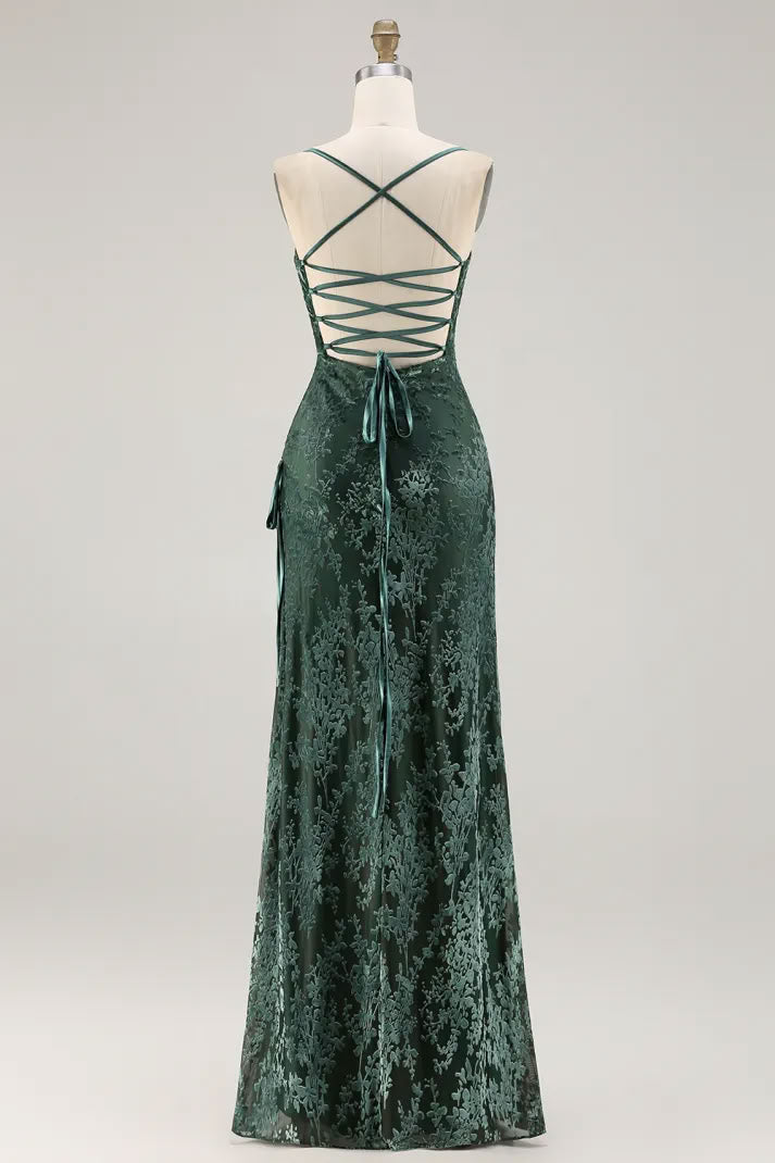 Sheath Dark Green Spaghetti Straps Maxi Velvet Formal Dress
