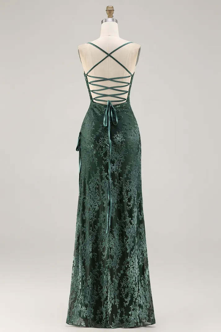 Sheath Dark Green Spaghetti Straps Maxi Velvet Formal Dress