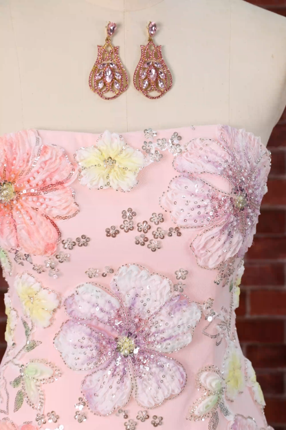 Sparkly Pink Floral Beaded Short Homecoming Dress