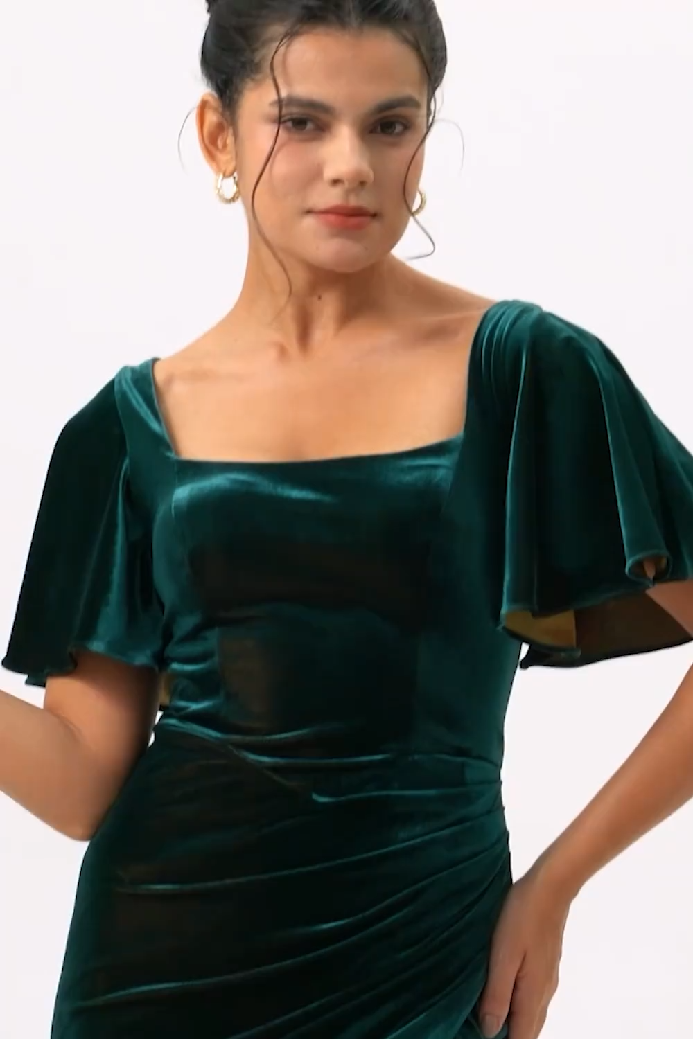 Peacock Green Velvet Square Neck Long Bridesmaid Dress with Sleeves