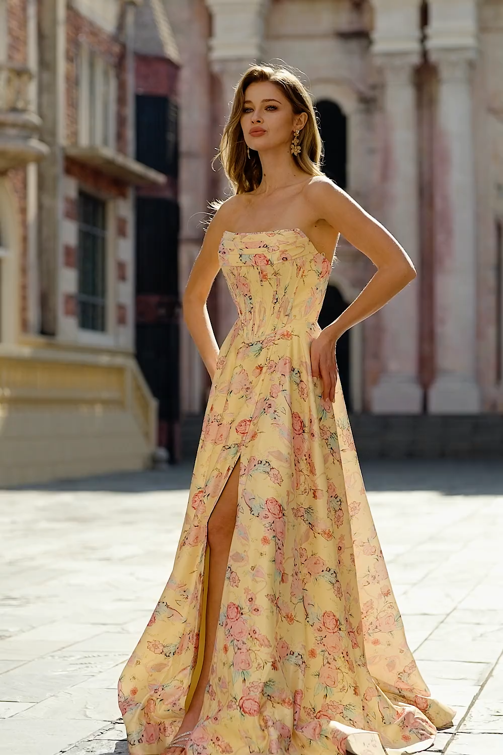 Yellow and Pink Flower Strapless A Line Long Corset Prom Dress with Slit