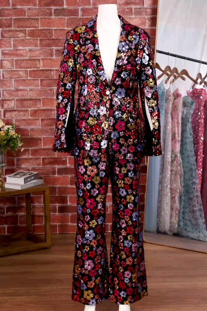 Single Breasted Black Floral 2 Piece Peak Lapel Business Suits with Pockets