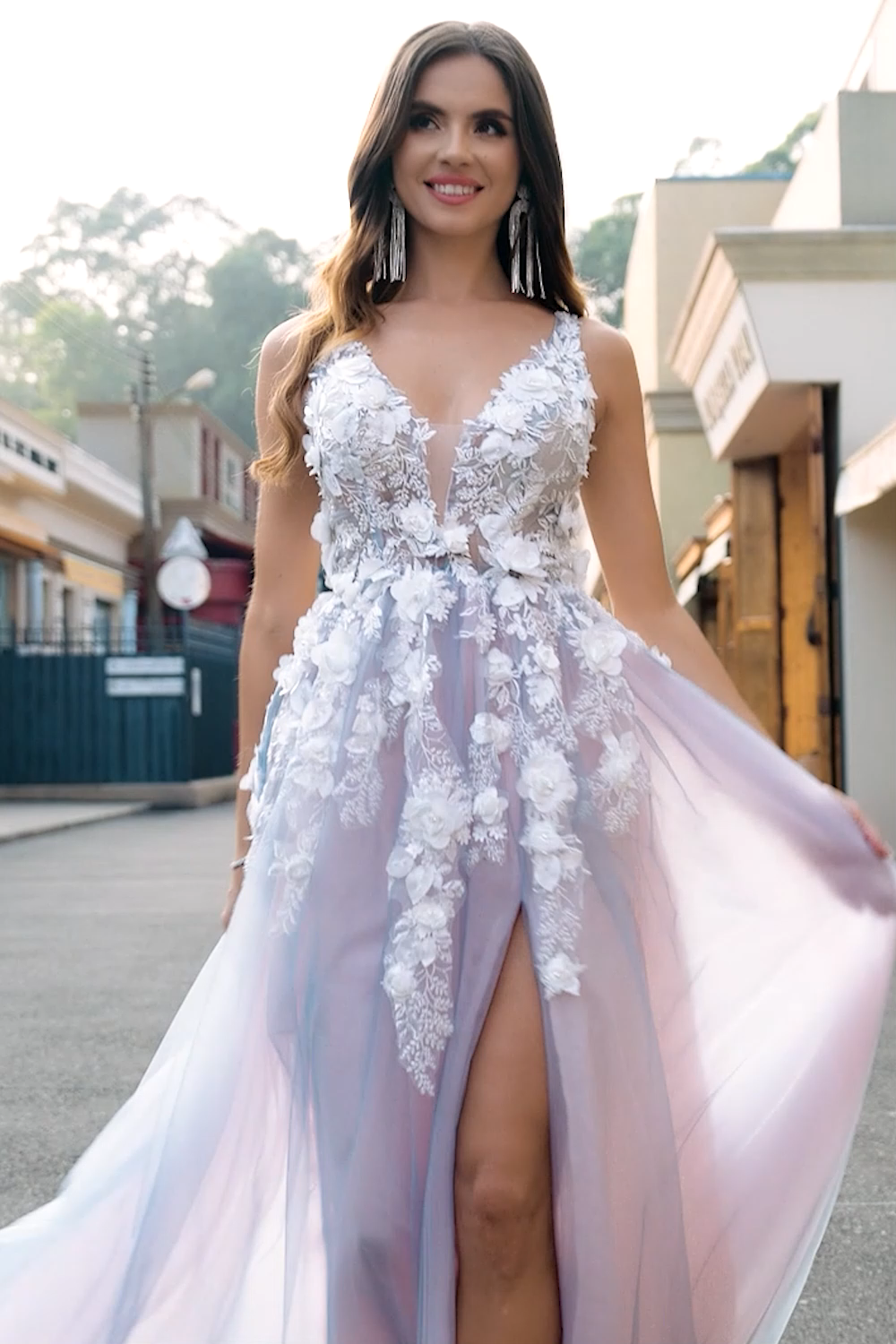 Gorgeous A Line Deep V Neck Grey Pink Long Prom Dress with Appliques