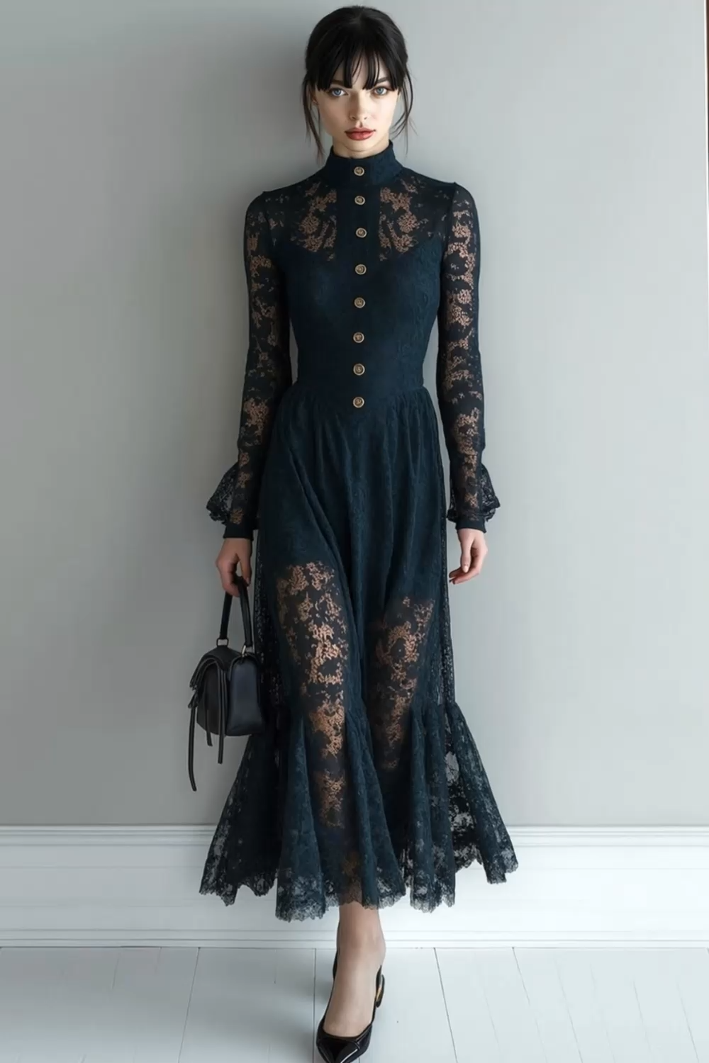 Black Lace High Neck A Line Long Evening Dress with Sleeves