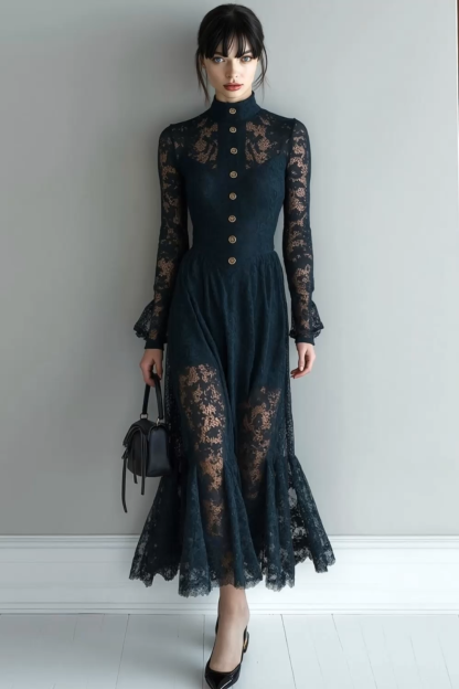 Black Lace High Neck A Line Long Evening Dress with Sleeves