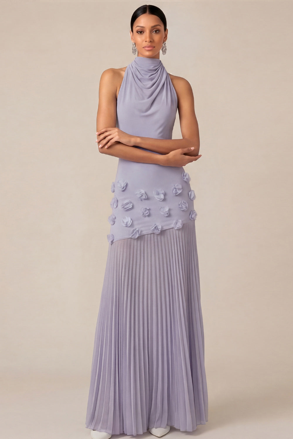 Leely Women Lilac Halter Neck Sheath Pleated Long Wedding Guest Dress Backless Sleeveless Appliqued Formal Dress