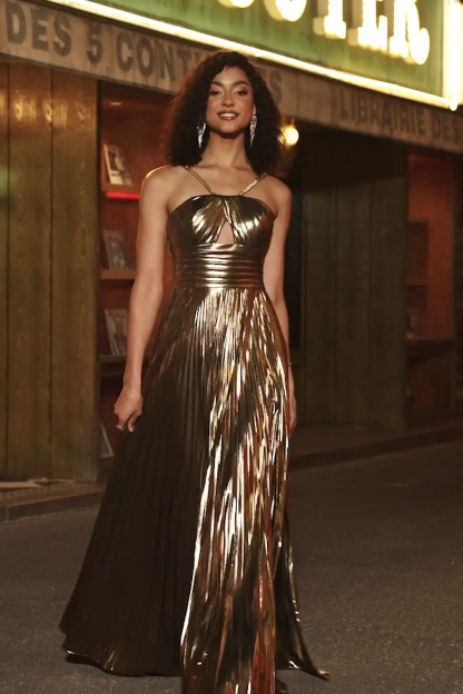 Glitter Golden A Line Spaghetti Straps Pleated Long Prom Dress With Slit