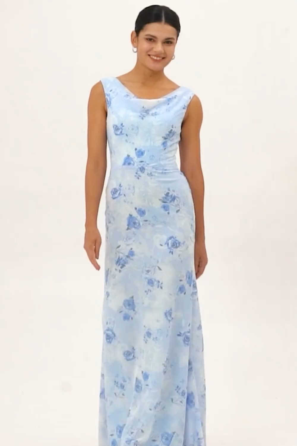 Elegant Blue Floral Mermaid Chiffon Maxi Wedding Guest Dress