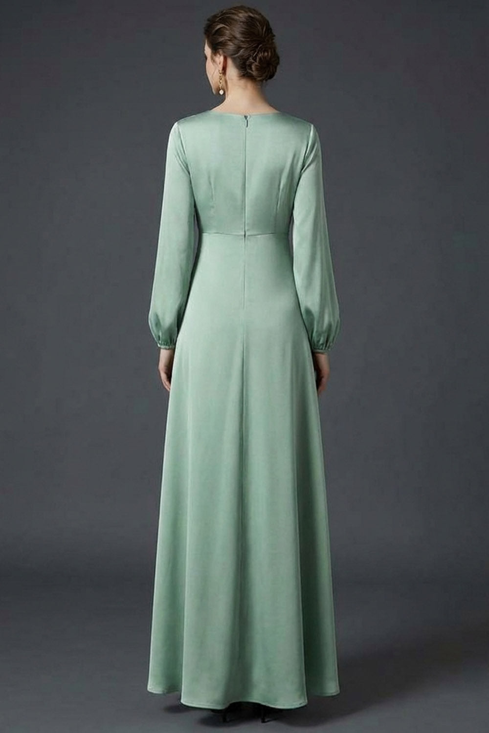 Satin Green A Line Round Neck Long Wedding Guest Dress with Long Sleeves