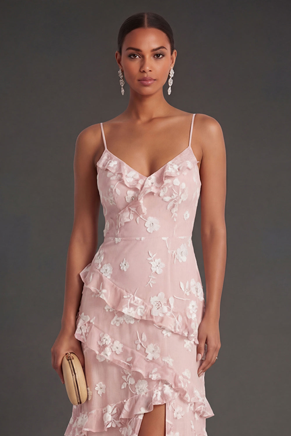 Floral White A Line Spaghetti Straps Ruffled Long Engagement Dress with Slit