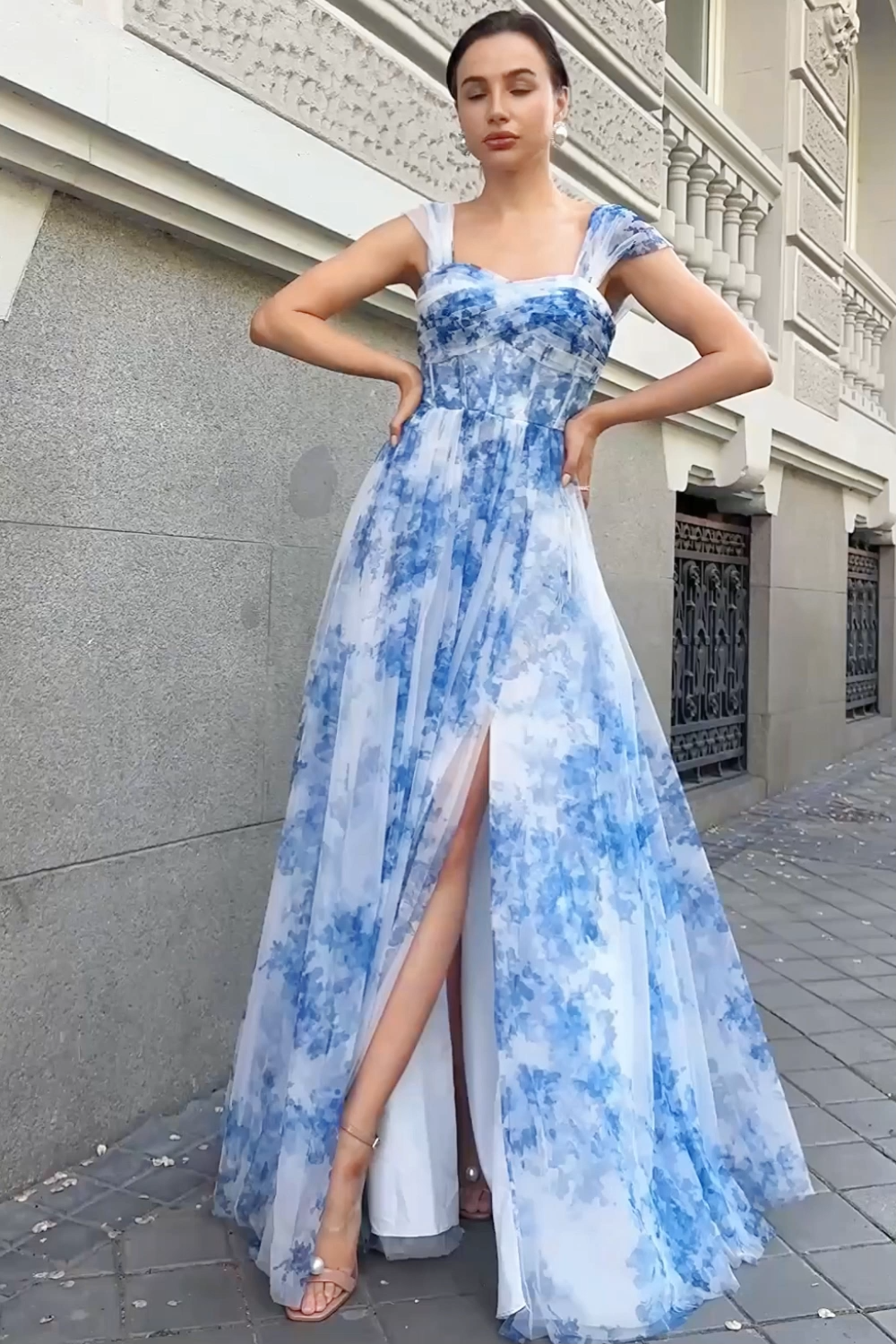 White Blue Flower Off the Shoulder Printed Bridesmaid Dress with Slit
