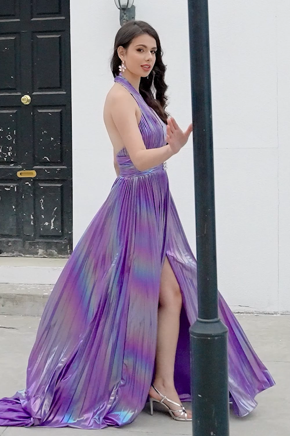 Glitter Purple Pleated Metallic Long Prom Dress with Slit