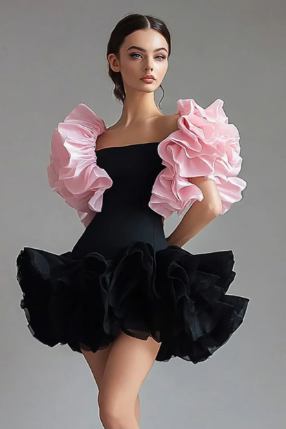 Square Neck Black Pink Ruffled Short Black Tie Dress