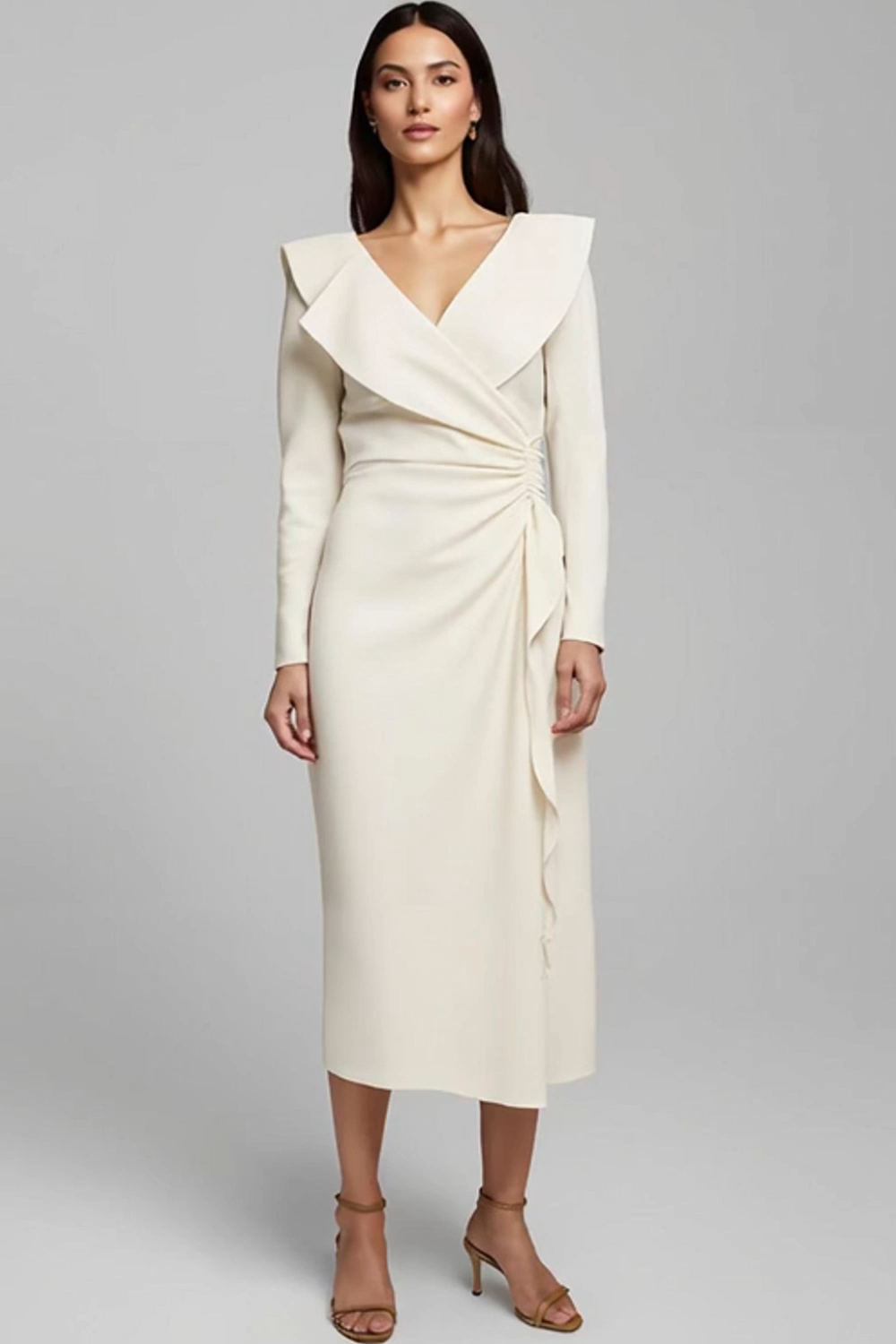 Ivory Sheath Ruched Satin V-Neck Long Sleeves Work Dress with Ruffles