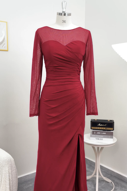 Cabernet Ruched Mermaid Illusion Neck Long Formal Dress with Silt