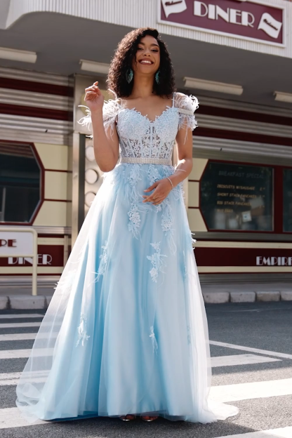 Light Blue A Line Off the Shoulder Long Corset Prom Dress With Feather
