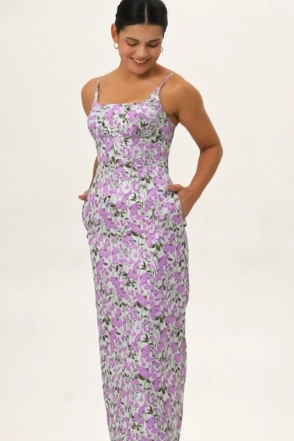 Purple Sheath Floral Spaghetti Straps Long Bridesmaid Dress with Slit