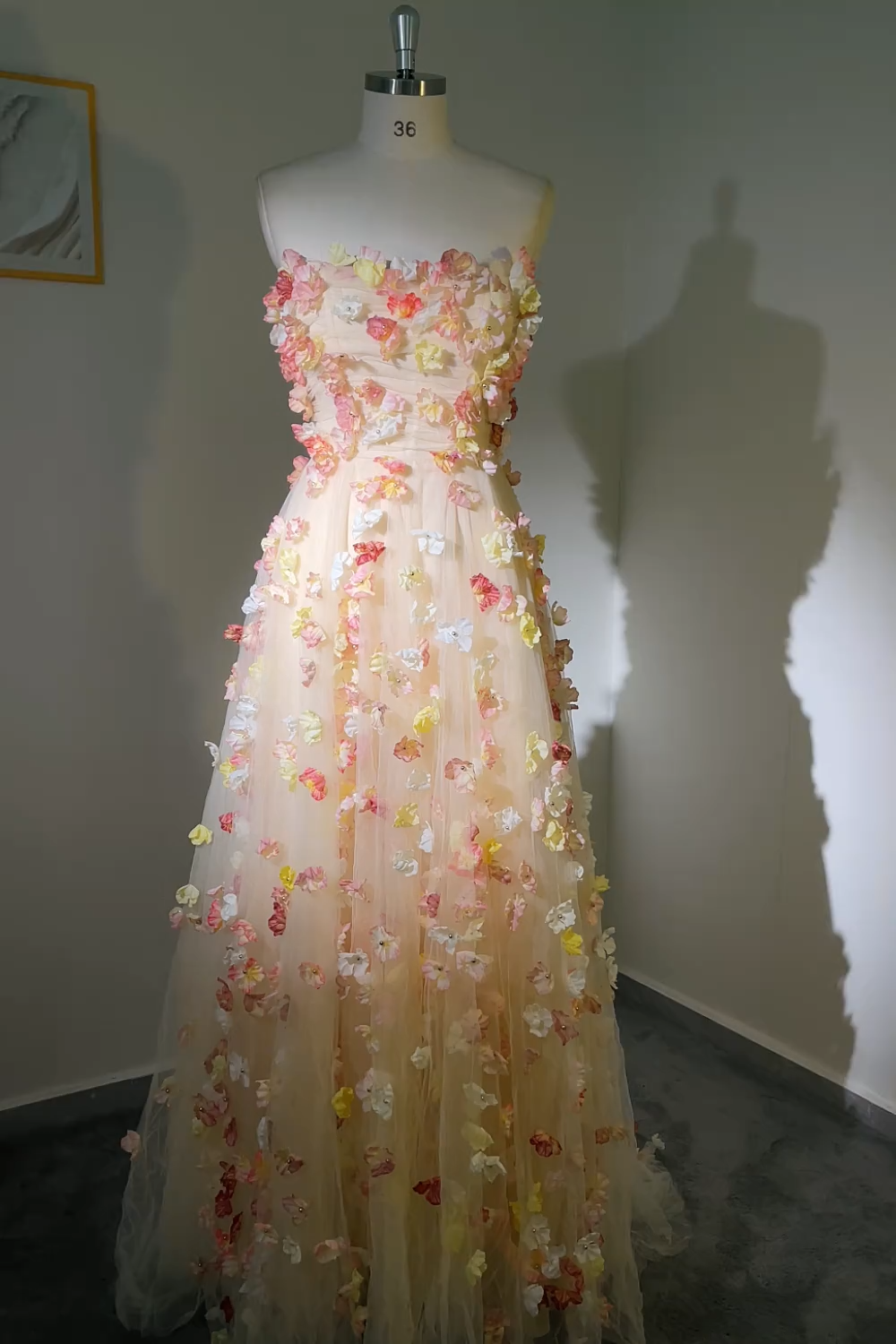 Champagne Floral A-Line Long Prom Dress with Detachable Sleeves