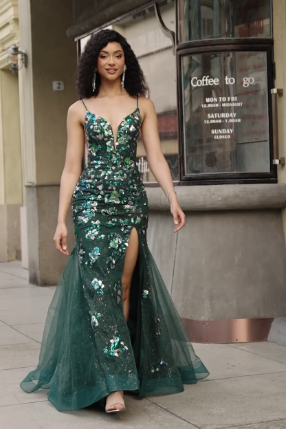 Dark Green Mermaid Spaghetti Straps Long Appliqued Prom Dress With Slit