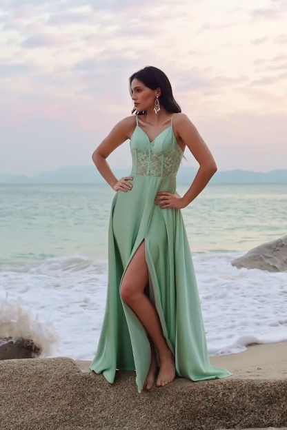 Green Spaghetti Straps A-Line Bridesmaid Dress with Slit