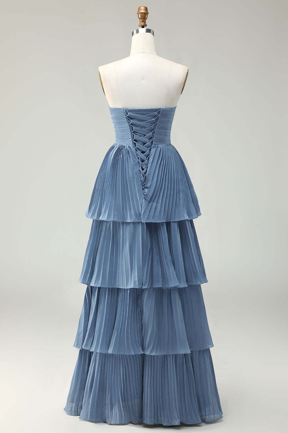 Dusty Blue Tiered Strapless Maxi Wedding Guest Dress