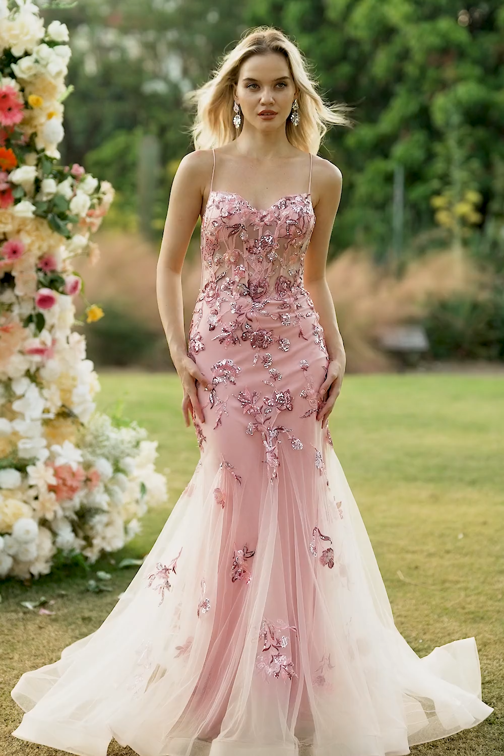 Sparkly Purple Floral Corset Mermaid Long Prom Dress