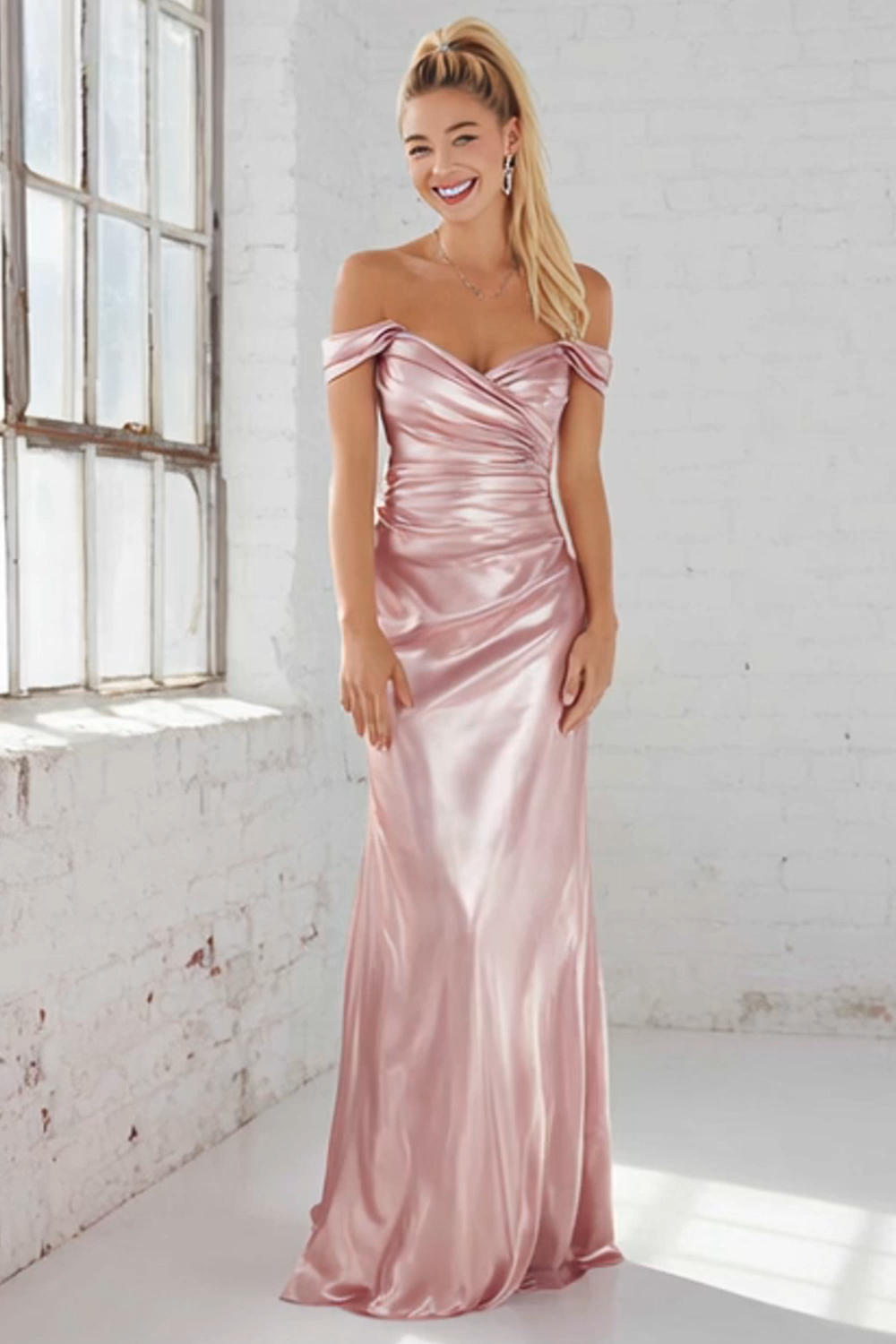 Pink Mermaid Satin Off the Shoulder Maxi Bridesmaid Dress