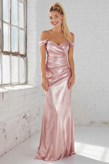 Pink Mermaid Satin Off the Shoulder Maxi Bridesmaid Dress