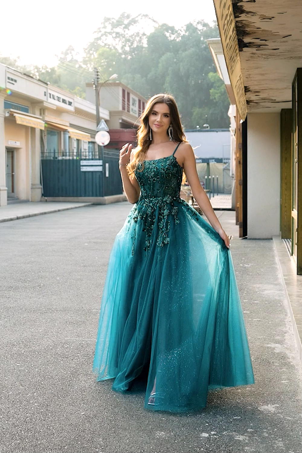 Dark Green Spaghetti Straps A Line Prom Dress with Slit