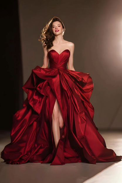 Dark Red Ball Gown Sweetheart Ruffled Long Pageant Dress with Slit